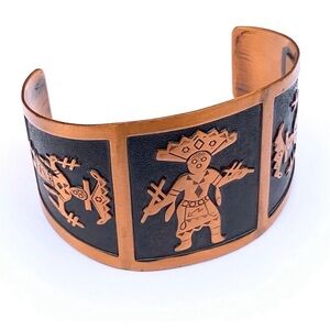 Vintage Bell Trading Post Copper and Black Wide Cuff Bracelet Medicine Man Motif